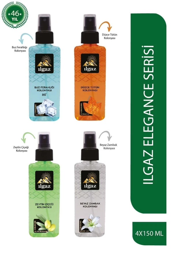 Dörtlü Elegance Series Buz Fe. +Tütün+Zeytin Çiçeği+Beyaz Zambak Kolonyası 4X150 ml Sprey Kolonya