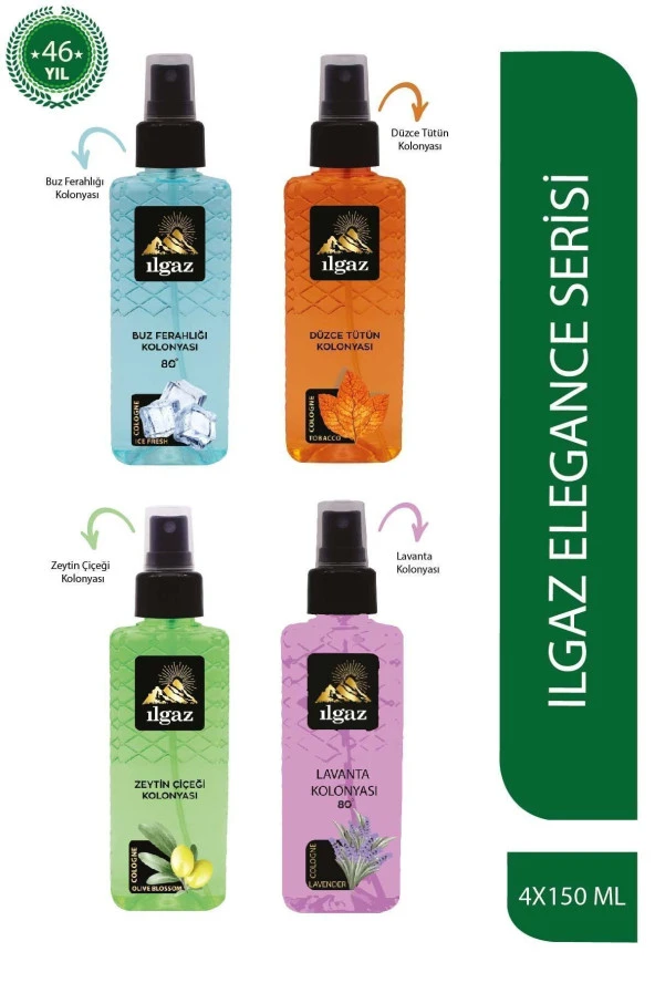 Dörtlü Set Elegance Series Buz Ferahlığı+ Tütün+Zeytin Çiçeği+Lavanta 4 X 150 ml Sprey Kolonya