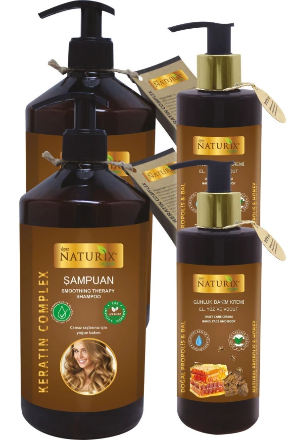 Tuzsuz Keratin Bakım Şampuanı 2 Ad 600Ml + Bal & Propolis Nemlendirici Krem 2 Ad 250Ml - 4'lü Set