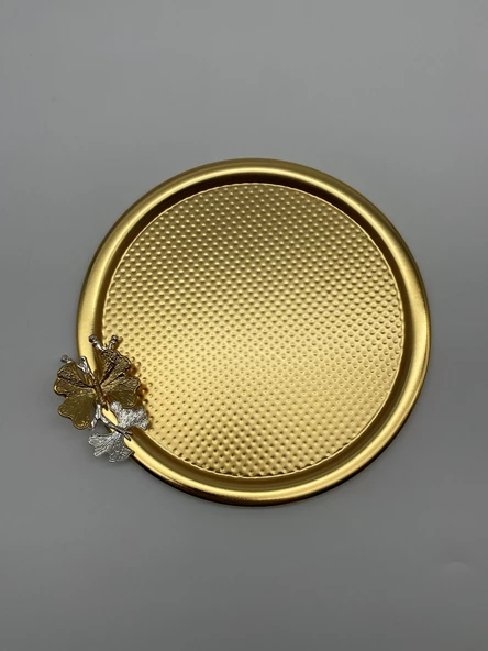 6'lı Kelebekli Yuvarlak Gold Çay ve Kahve Sunum Tepsisi, Dekoratif Servis Tepsisi 22cm Tek kişilik - 4
