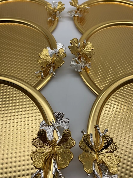 6'lı Kelebekli Yuvarlak Gold Çay ve Kahve Sunum Tepsisi, Dekoratif Servis Tepsisi 22cm Tek kişilik - 3