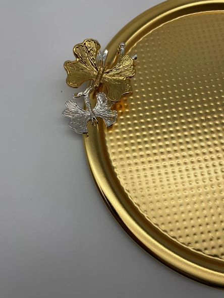 6'lı Kelebekli Yuvarlak Gold Çay ve Kahve Sunum Tepsisi, Dekoratif Servis Tepsisi 22cm Tek kişilik - 5