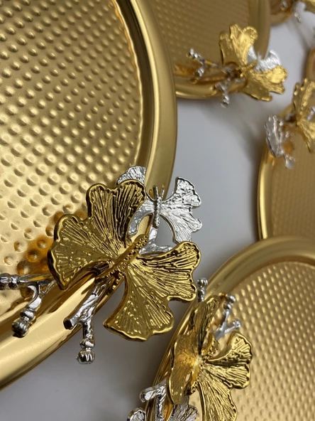 6'lı Kelebekli Yuvarlak Gold Çay ve Kahve Sunum Tepsisi, Dekoratif Servis Tepsisi 22cm Tek kişilik - 2