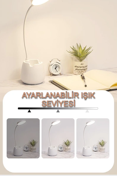 Şarjlı Dokunmatik Masa Lambası – 3 Işık Tonlu, Kalemlik ve Telefon Standlı Çalışma Masa Lambası - 4