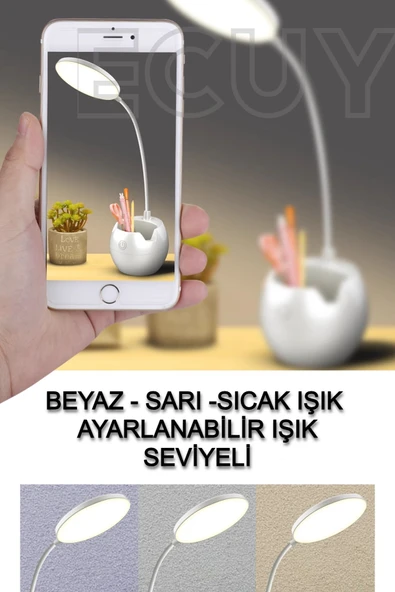 Şarjlı Dokunmatik Masa Lambası – 3 Işık Tonlu, Kalemlik ve Telefon Standlı Çalışma Masa Lambası - 2