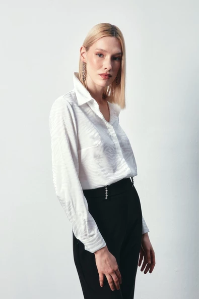 Desenli Düz Klasik Gömlek - EKRU - Resim 3