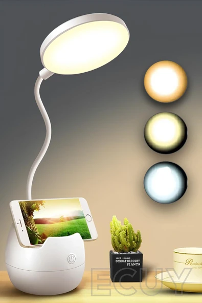 Şarjlı Dokunmatik Masa Lambası – 3 Işık Tonlu, Kalemlik ve Telefon Standlı Çalışma Masa Lambası