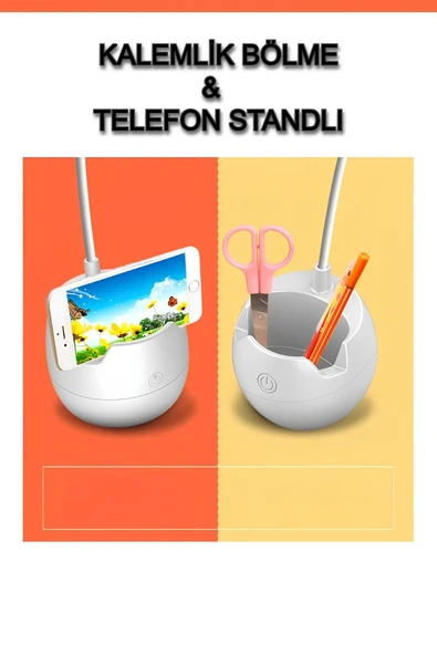Şarjlı Dokunmatik Masa Lambası – 3 Işık Tonlu, Kalemlik ve Telefon Standlı Çalışma Masa Lambası - 3