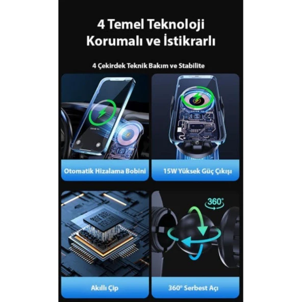 Coofbe Şeffaf 15W Akıllı Şarj Araç İçi Telefon Şarjı Araç Tutucu 360° Dönen Araç İçi Telefon Tutucu - 3