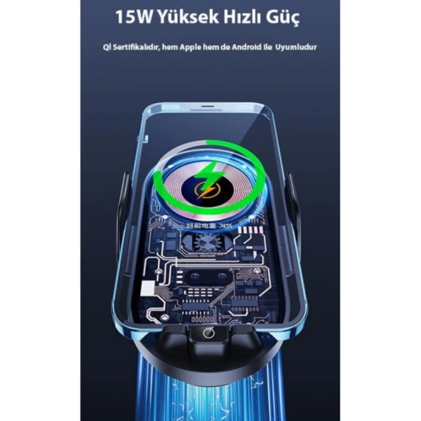 Coofbe Şeffaf 15W Akıllı Şarj Araç İçi Telefon Şarjı Araç Tutucu 360° Dönen Araç İçi Telefon Tutucu - 5