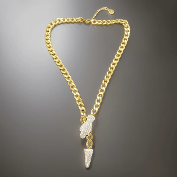 Yılan Model Dizme Taşlı Gold Renk Parlak 316L Antialerjik Kadın Çelik Kolye - Şık ve Zarif Tasarım ürün görseli 1