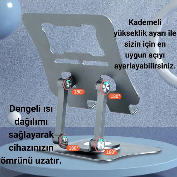 Coofbe Alüminyum Yükseklik Ayarlı 360° Dönebilen Tablet Laptop Standı Masaüstü Laptop Standı Kaymaz Ped - 9