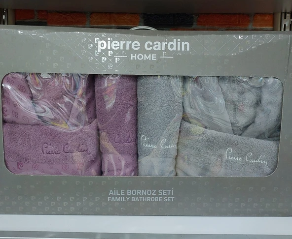 Pierre Cardin 6 Parça Jakarlı Aile Bornoz Seti-Logo Soft Mürdüm Gri - Resim 2