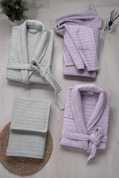 Pierre Cardin 6 Parça Jakarlı Aile Bornoz Seti-Wave Soft Lila Gri - 2