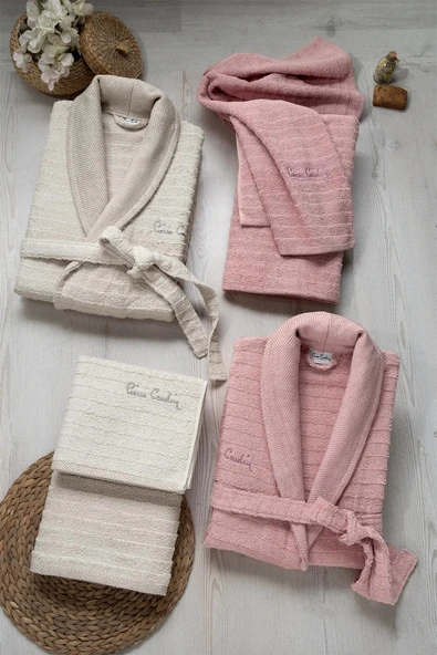 Pierre Cardin 6 Parça Jakarlı Aile Bornoz Seti-Wave Soft G.Kurusu Krem - 2