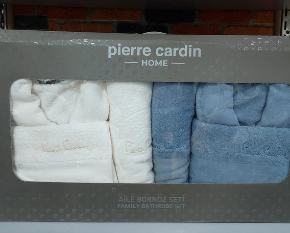 Pierre Cardin 6 Parça Jakarlı Aile Bornoz Seti-Logo Soft Krem İndigo - 2