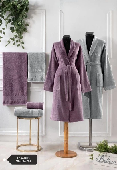 Pierre Cardin 6 Parça Jakarlı Aile Bornoz Seti-Logo Soft Mürdüm Gri ürün görseli