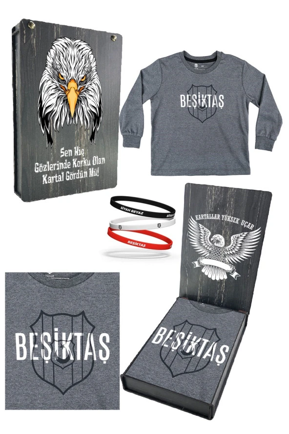 Beşiktaş Orijinal Lisanslı Logo Baskılı Çocuk Sweat + Bileklik Set Hediyelik Ahşap Kutulu