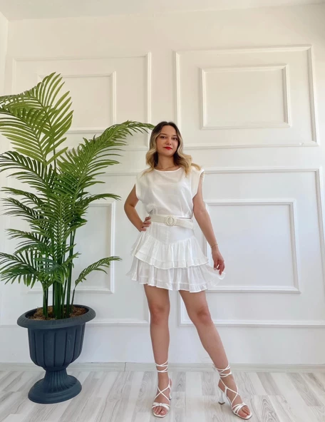 Kadın Fırfırlı Etek Ekru - 6