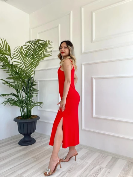 Kadın Askılı Elbise Kırmızı - Resim 5