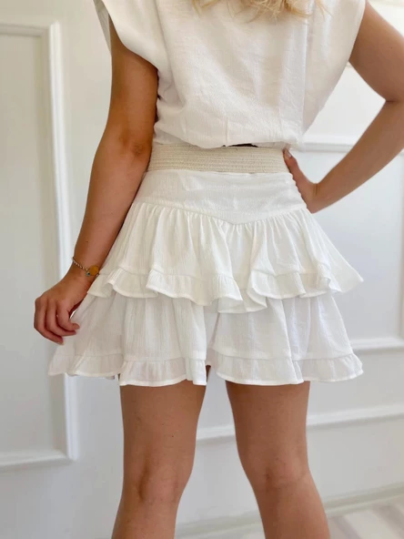 Kadın Fırfırlı Etek Ekru - 4