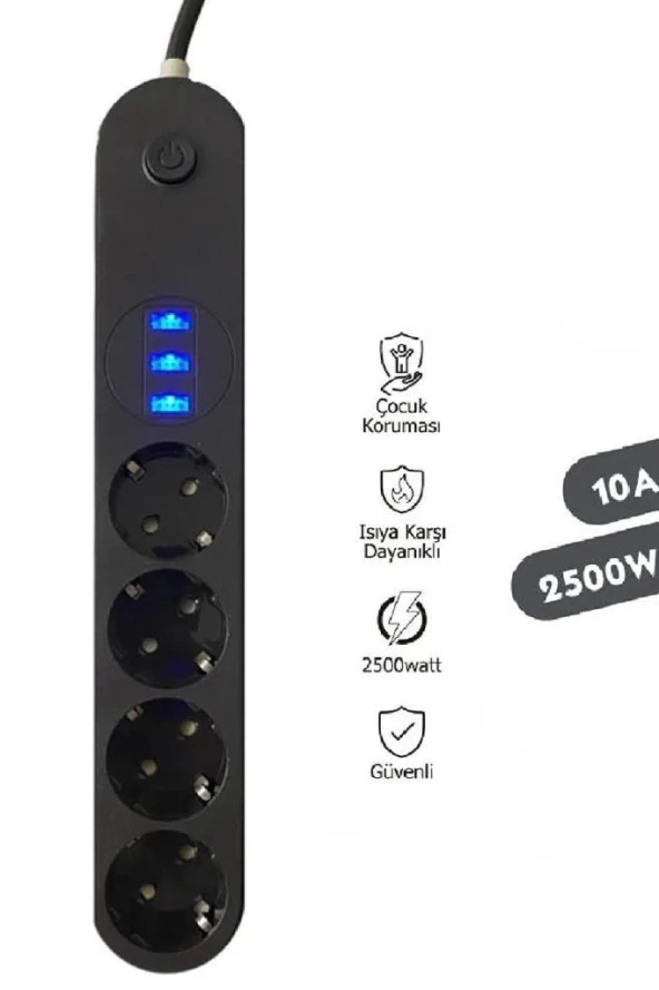 Termal Akım Korumalı Isıya Dayanıklı 4 lü 2 Metre Uzatma 3 Adet USB Usb Şarj Aleti - 2