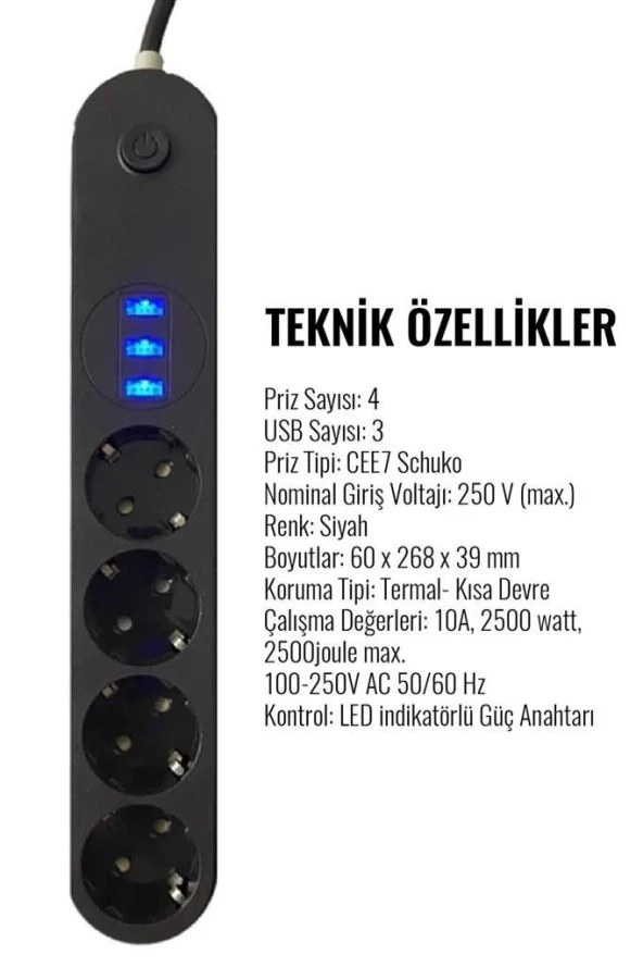 Termal Akım Korumalı Isıya Dayanıklı 4 lü 2 Metre Uzatma 3 Adet USB Usb Şarj Aleti - 5