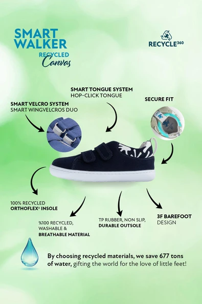 Smart Walker Recycled Canvas Eco Lacivert Barefoot Çocuk Ayakkabı - Resim 8