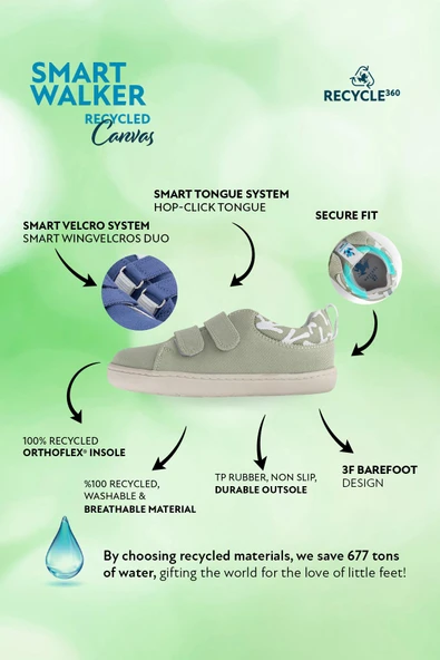 Smart Walker Recycled Canvas Eco Su Yeşili Barefoot Çocuk Ayakkabı - Resim 2