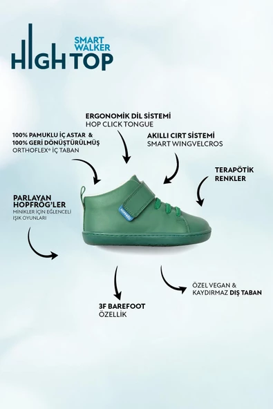Hopfrög Kids Smart Walker High Top Yeşil Işık Barefoot Çocuk Bot - 2