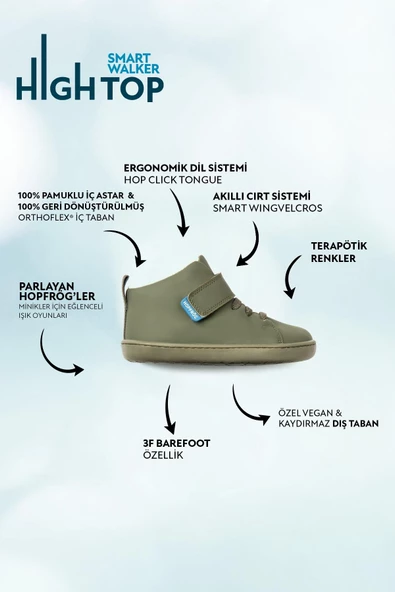 Hopfrög Kids Smart Walker High Top Süper Mat Haki Barefoot Çocuk Bot - 2