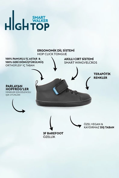 Hopfrög Kids Smart Walker High Top Süper Mat Siyah Barefoot Çocuk Bot - 2