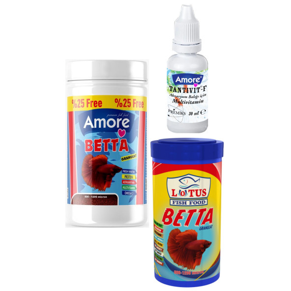 Betta Granulat 125ml, Lotus 100ml Granül Beta Balığı Yemi, 30cc Vitamin Set