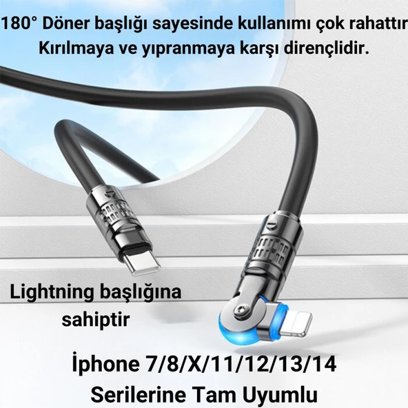 Polham Süper Hızlı Ucu Dönebilen 1.2MT 20W Type-C to iPhone Lightning Şarj Data Kablosu, Ultra Sağlam Kablo - 7