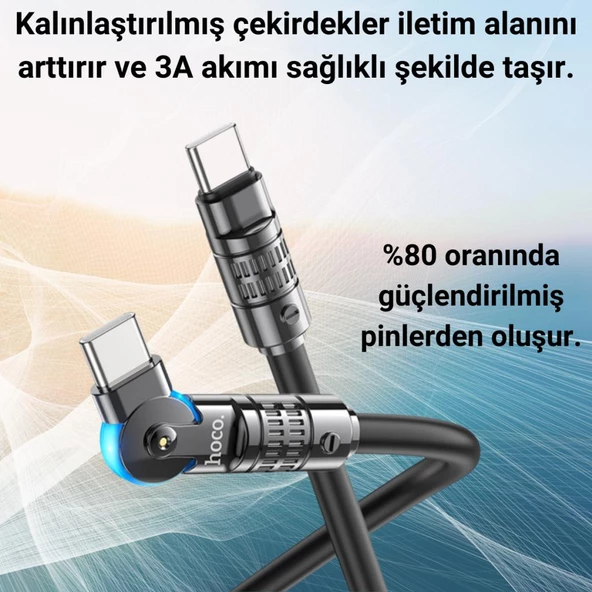 Polham Süper Hızlı Ucu Dönebilen 1.2MT 60W Type-C to Type C Şarj Data Kablosu, Süper Sağlam Akım ve Voltaj Korumalı - 8