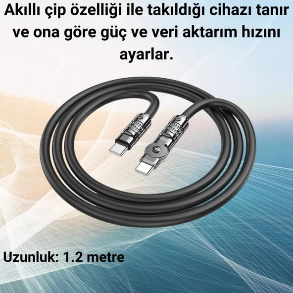 Polham Süper Hızlı Ucu Dönebilen 1.2MT 60W Type-C to Type C Şarj Data Kablosu, Süper Sağlam Akım ve Voltaj Korumalı - 4