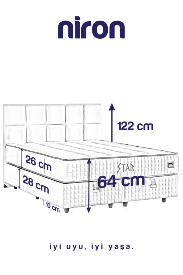 Star Yatak Seti 180x200 cm Çift Kişilik Yaylı Sert Ortopedik Yatak Antrasit Lüks Baza Başlık Takımı - 5