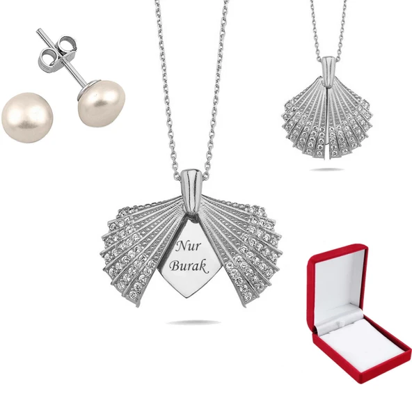 İsme Özel Aç Kapa Gümüş İstiridye Kolye Küpe Seti - 2