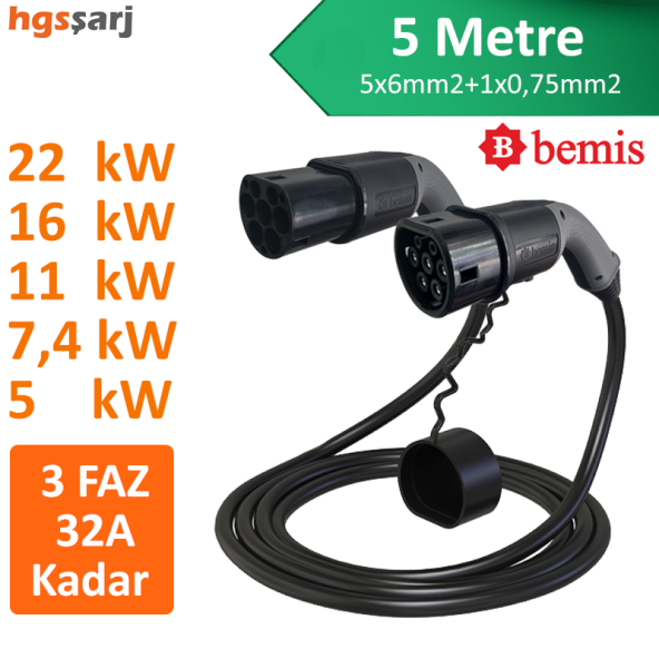 Bemis 22kW-16kW-11kW-7,4kW-5kW 3 Faz 32A Kadar Elektrikli Araç Şarj Kablosu