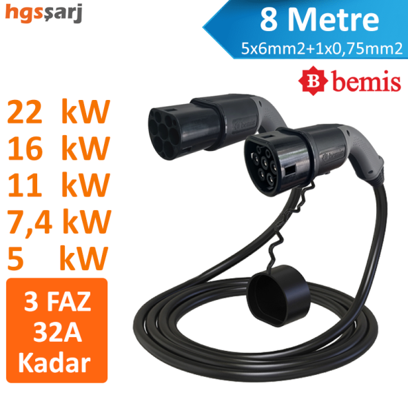 Bemis 8 Metre 22kW-16kW-11kW-7,4kW-5kW 3 Faz 32A Kadar Elektrikli Araç Şarj Kablosu