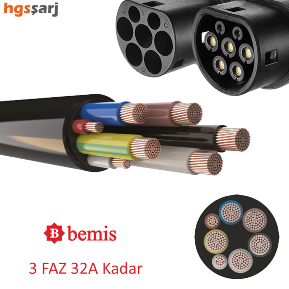 Bemis 8 Metre 22kW-16kW-11kW-7,4kW-5kW 3 Faz 32A Kadar Elektrikli Araç Şarj Kablosu - 2
