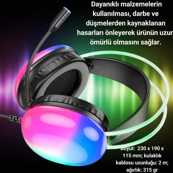 Polham RGB Işıklı 2 Metre USB 7.1 ve 3.5mm Kablolu Mikrofonlu Oyuncu Kulaklığı, Profesyonel Kulaklık - 5