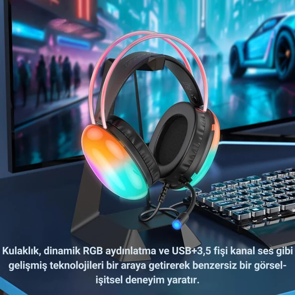 Polham RGB Işıklı 2 Metre USB 7.1 ve 3.5mm Kablolu Mikrofonlu Oyuncu Kulaklığı, Profesyonel Kulaklık - 7