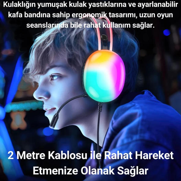 Polham RGB Işıklı 2 Metre USB 7.1 ve 3.5mm Kablolu Mikrofonlu Oyuncu Kulaklığı, Profesyonel Kulaklık - 3