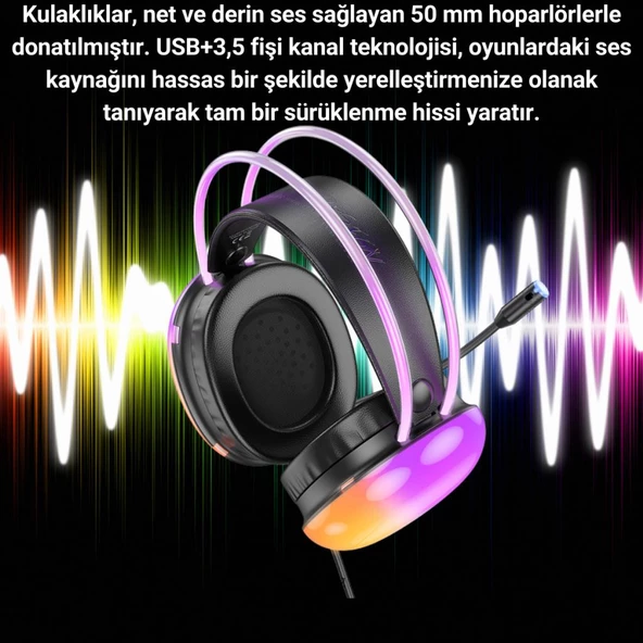 Polham RGB Işıklı 2 Metre USB 7.1 ve 3.5mm Kablolu Mikrofonlu Oyuncu Kulaklığı, Profesyonel Kulaklık - 4