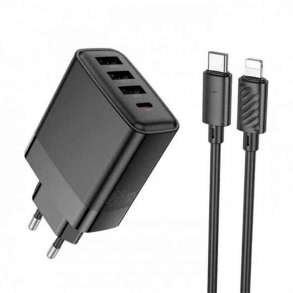 Polham HC 45W 3x USB, 1x Type-C Şarj Başlığı ve 1 Metre 20W Type C To Lightning Kablolu Şarj Aleti