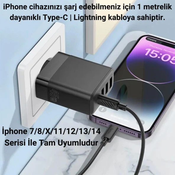 Polham HC 45W 3x USB, 1x Type-C Şarj Başlığı ve 1 Metre 20W Type C To Lightning Kablolu Şarj Aleti - 2