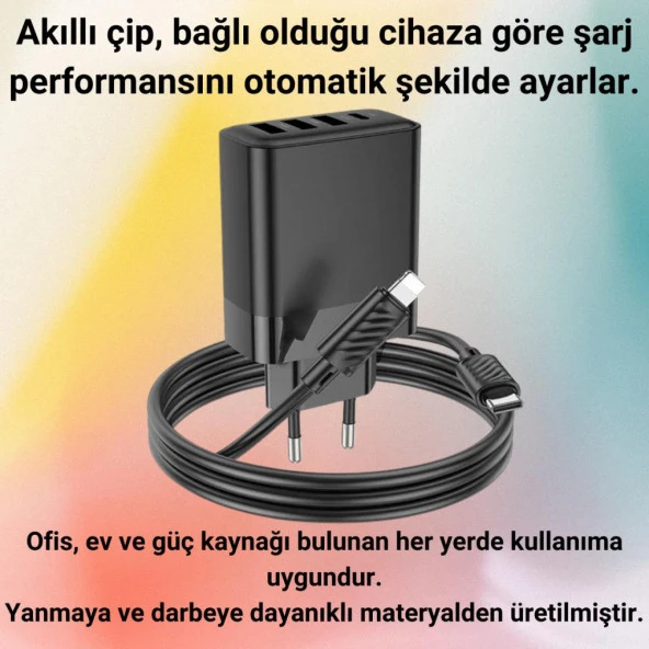 Polham HC 45W 3x USB, 1x Type-C Şarj Başlığı ve 1 Metre 20W Type C To Lightning Kablolu Şarj Aleti - 5
