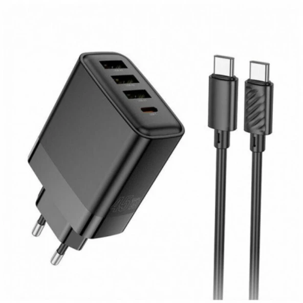 Polham Süper Hızlı 45W 3x USB,1x Type-C Şarj Başlığı ve 1 MT 60W Type C To Type C Kablolu Şarj Aleti