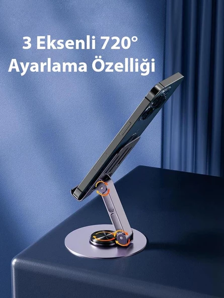 Coofbe Alüminyum Yükseklik Ayarlı 360° Dönebilen Tablet Laptop Standı Masaüstü Telefon Tutucu Kaymaz Ped - 9
